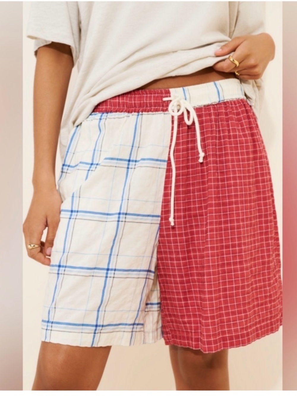 Anthropologie Celandine Drawstring Shorts Red Blue plaid NWT Sz Large Elastic